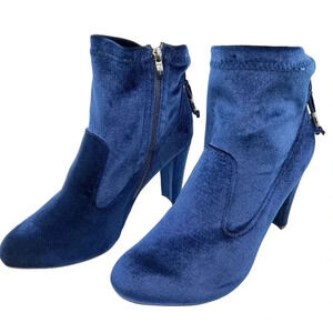 NEW Blue Velvet Ankle Booties Women 10M Zip Closure Block Heel Boots Elvis Shoes